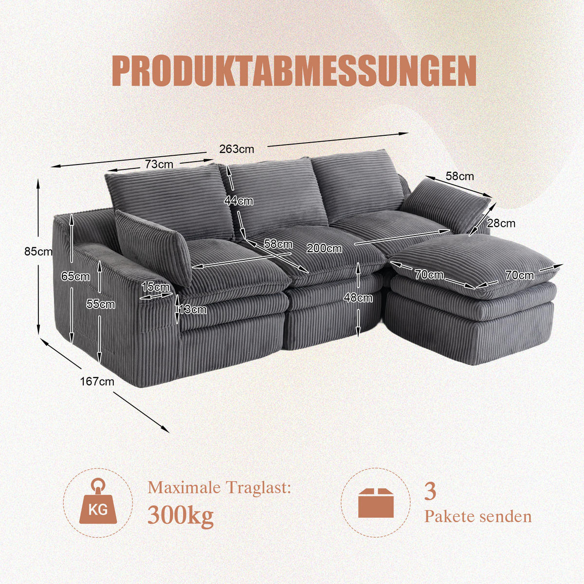 3-SITZER ECKSOFA Cord Dunkelgrau mit Kissen, Hocker und Seitentaschen - Dunkelgrau, Textil (263/167cm) - WISHDOR