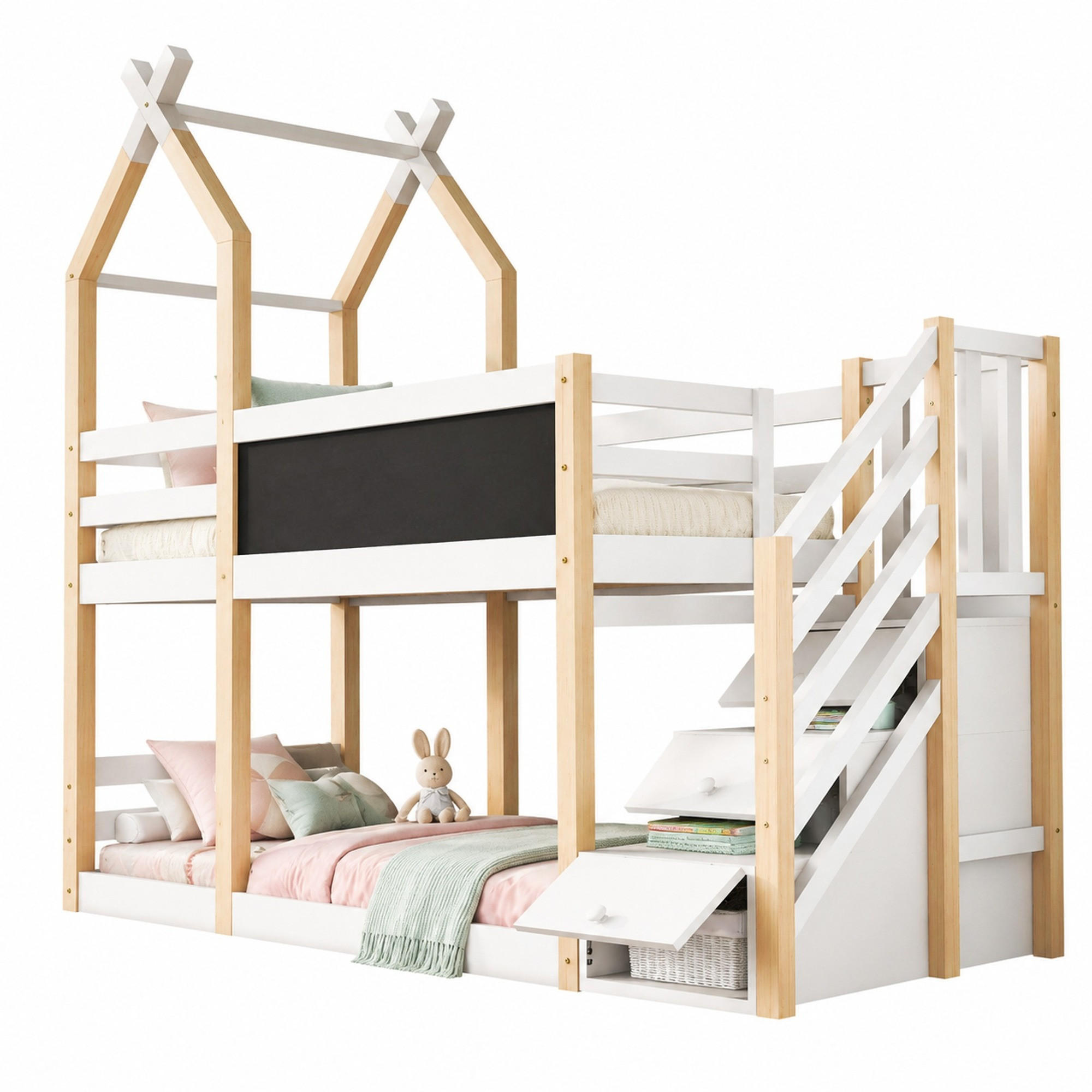 ETAGENBETT 90/200 mit Tafel und Stauraumtreppe in Natur und Weiß - Weiß, Holz (90/200cm) - EVRYAE
