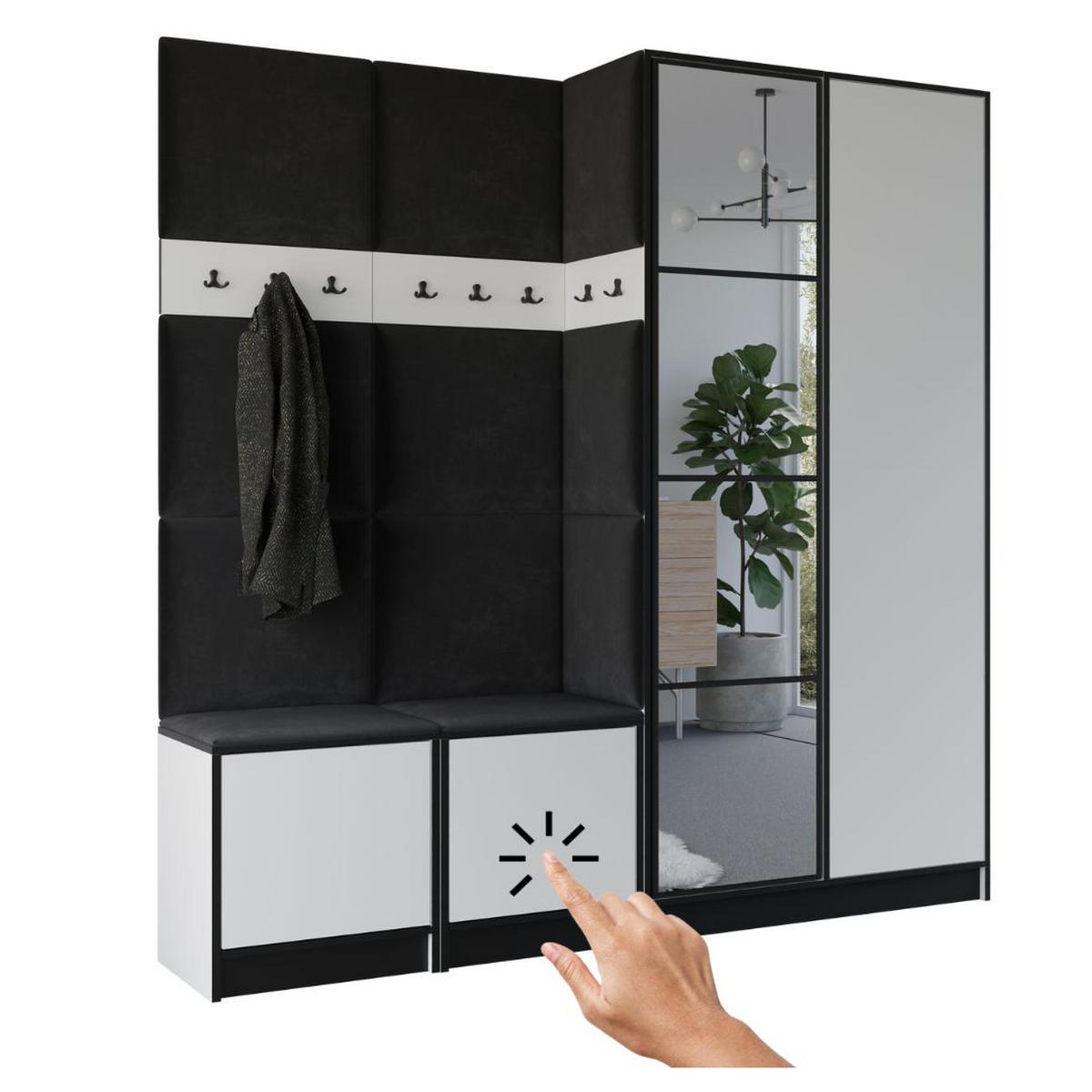 GARDEROBENSCHRANK EDEN 21 mit Spiegel - Weiß & Stoff Schwarz - Schwarz/Weiß, Holzwerkstoff (211/205/39cm) - Kier Furniture