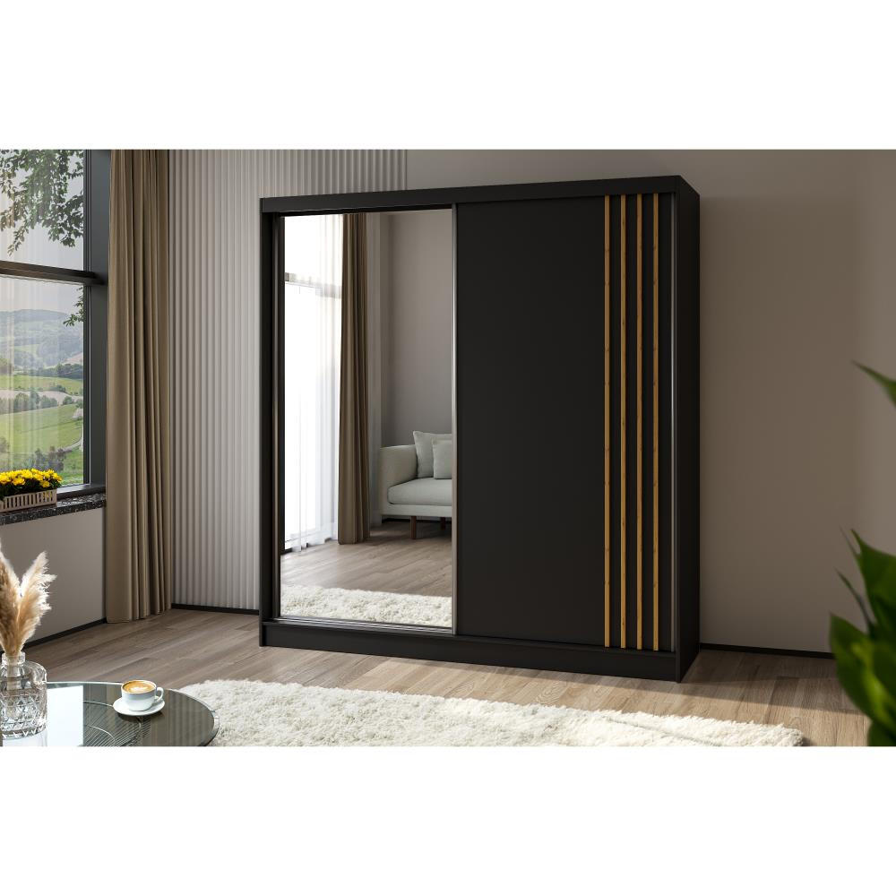 SCHWEBETÜRENSCHRANK Nela II 200/216/61 schwarz mit Schubladen - Schwarz/Weiß, Holzwerkstoff (200/216/61cm) - Beautysofa