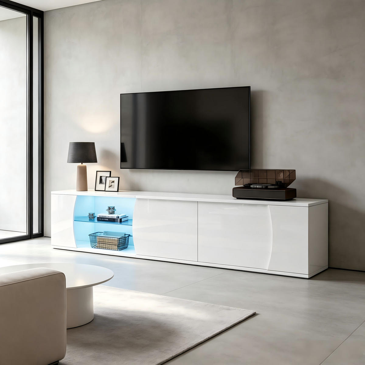 TV-ELEMENT180CM Weiß Hochglanz LED-Beleuchtung für 80-Zoll-Fernseher - Weiß, Holz (54.99/20.5/80.49cm) - Raelunyi