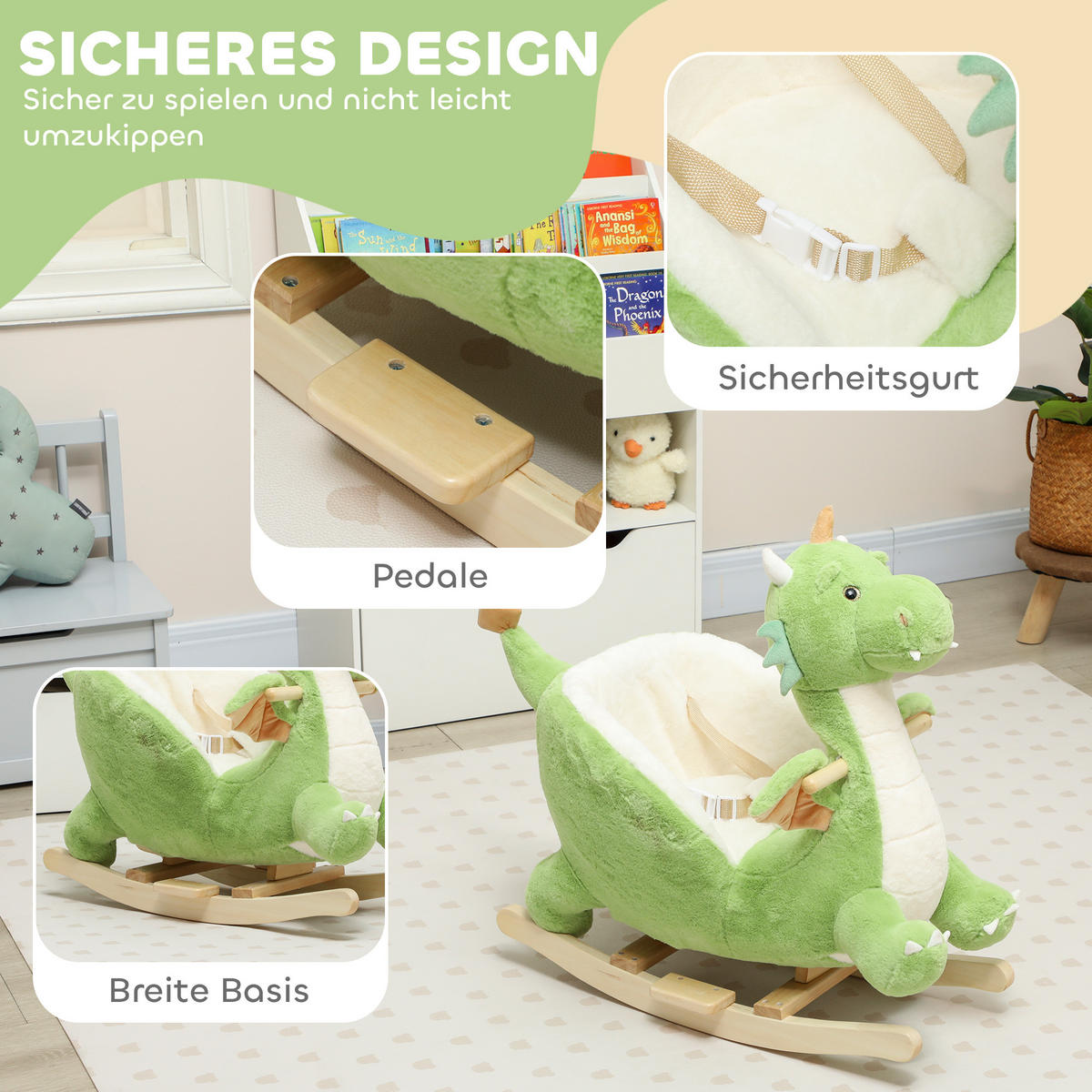 SCHAUKELTIER Dinosaurier-Schaukel interaktive Tiergeräusche weiche Füllung Grün - Grün, Textil (38/72/65cm) - AIYAPLAY