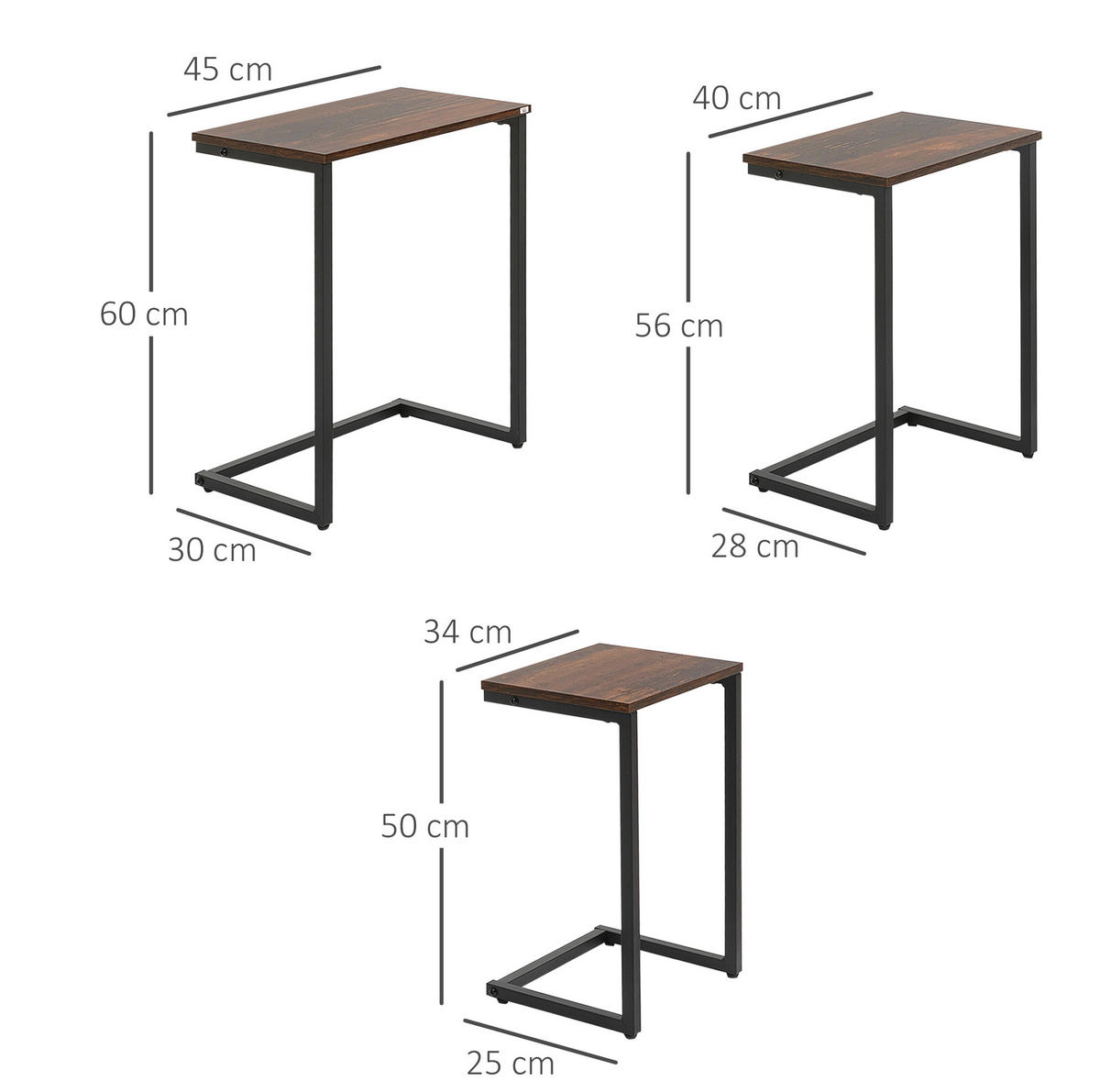 BEISTELLTISCH 45/60/30 cm Braun aus Holz mit Stahlgestell 3er Set - Braun, Holzwerkstoff (45/30/60cm) - OKMYHOME