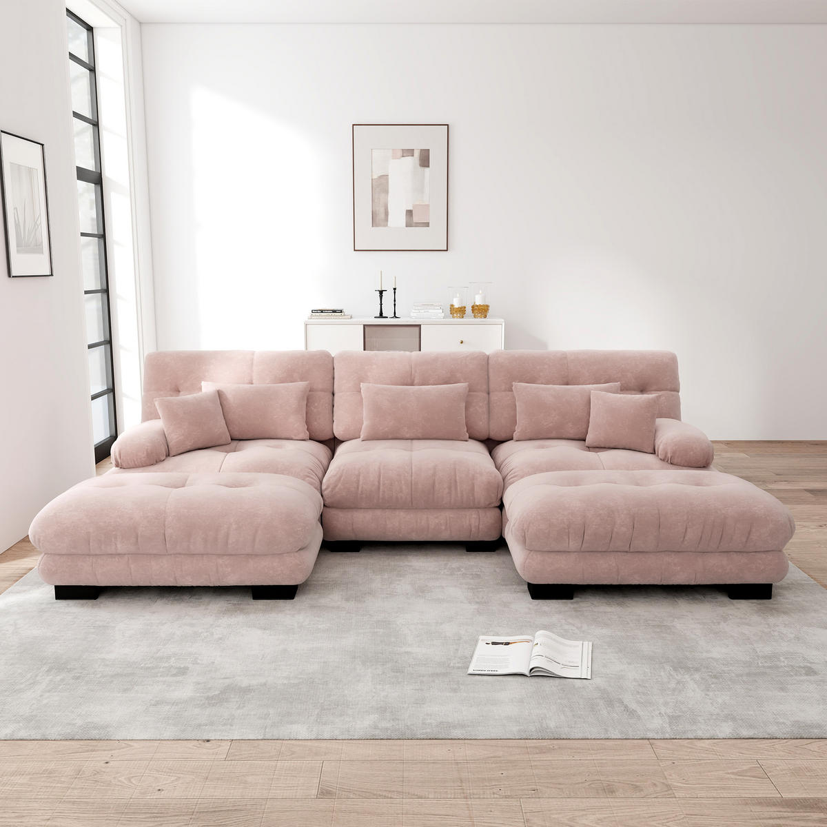 WOHNLANDSCHAFT Chenille Pink mit Ottomane - Rosa, Textil (313/81/145cm) - WISHDOR