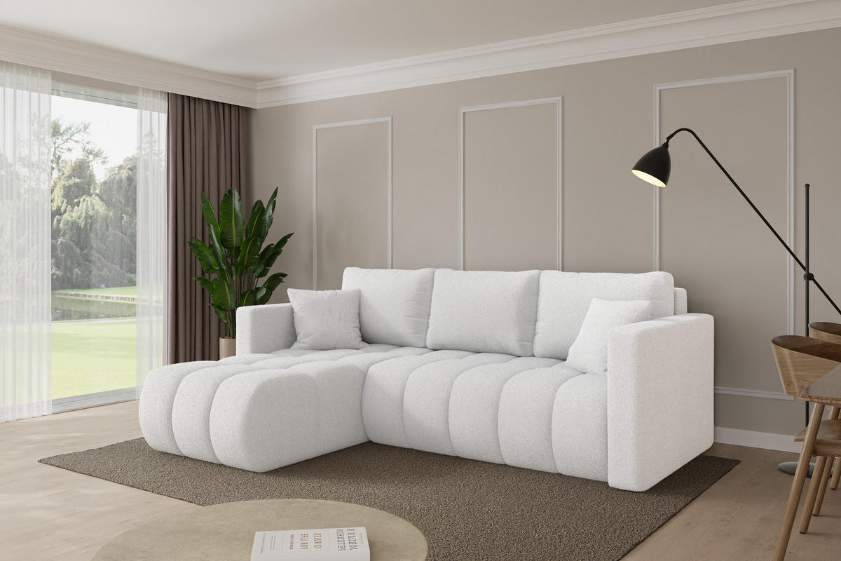 ROHOVÁ SEDAČKA s funkcí spaní, otoman vlevo GARD-L 226x146x85 bílá bouclé - bílá/černá, kompozitní dřevo/textil (226/146cm) - ALTDECOR