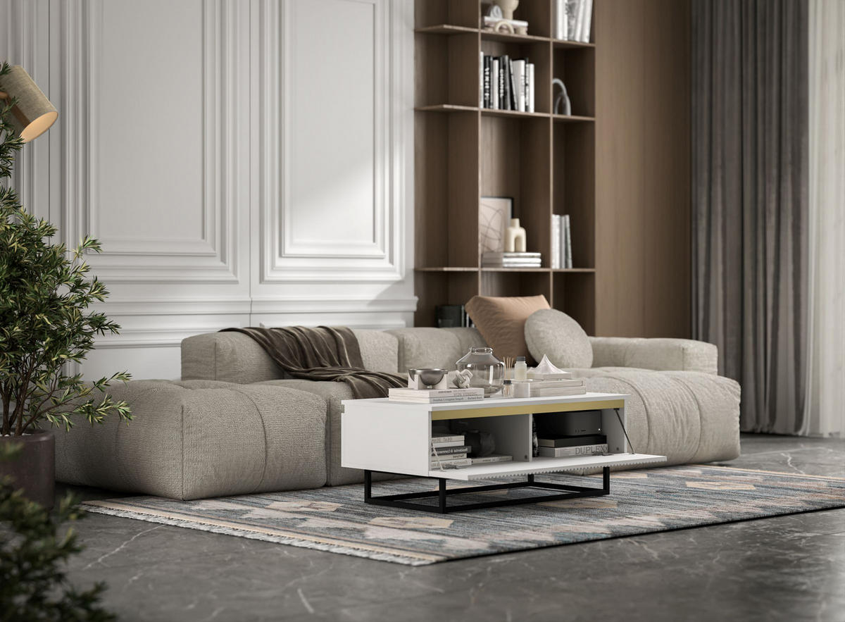 COUCHTISCH Selene Weiß matt 109 cm mit Metallrahmen - Schwarz/Weiß, Holzwerkstoff/Metall (50/109/39cm) - Meble Lindner