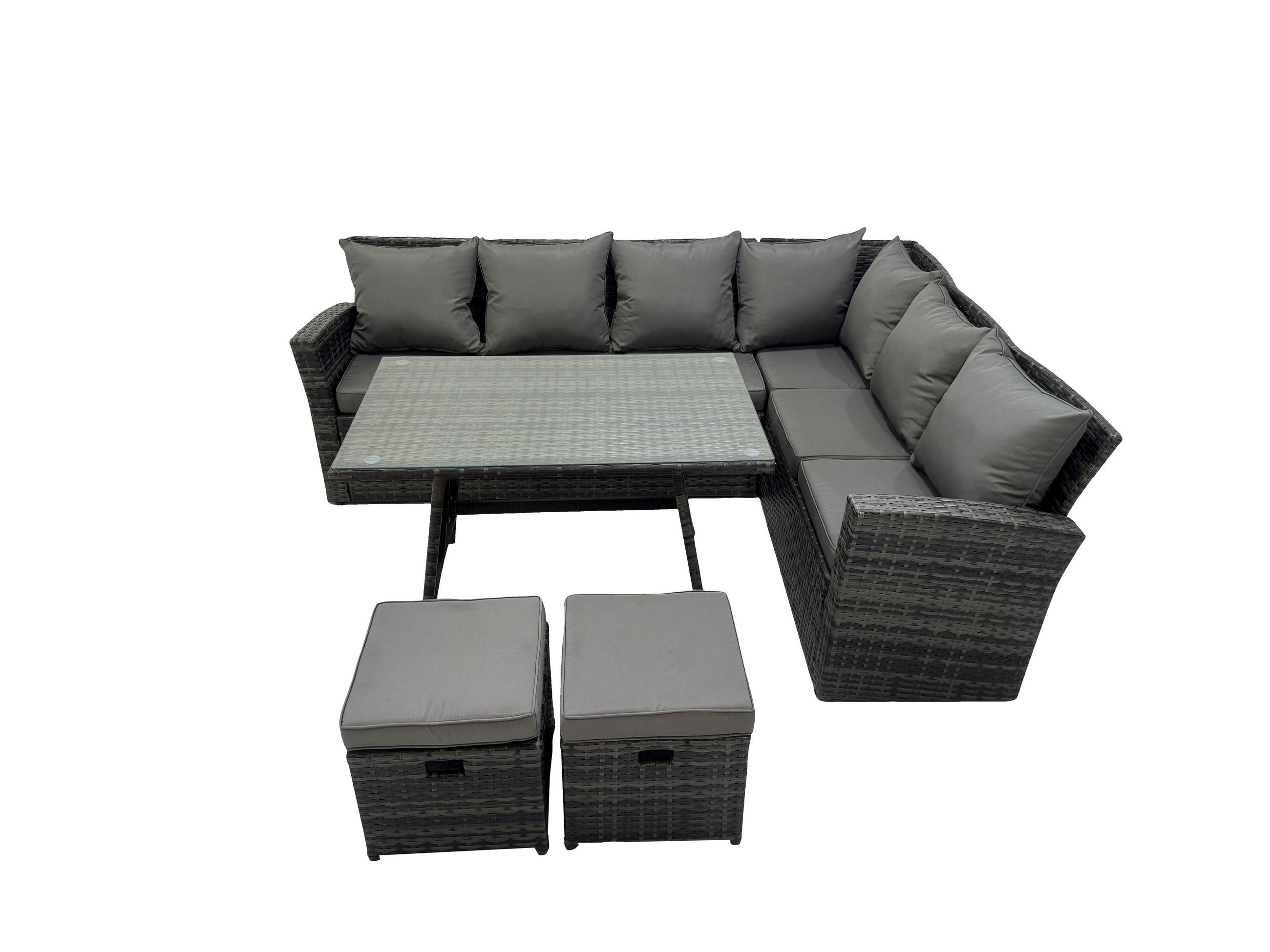 GARTENMÖBEL SET PE Polyrattan 8-Sitzer - Dunkelgrau/Grau, Glas/Kunststoff - Fimous