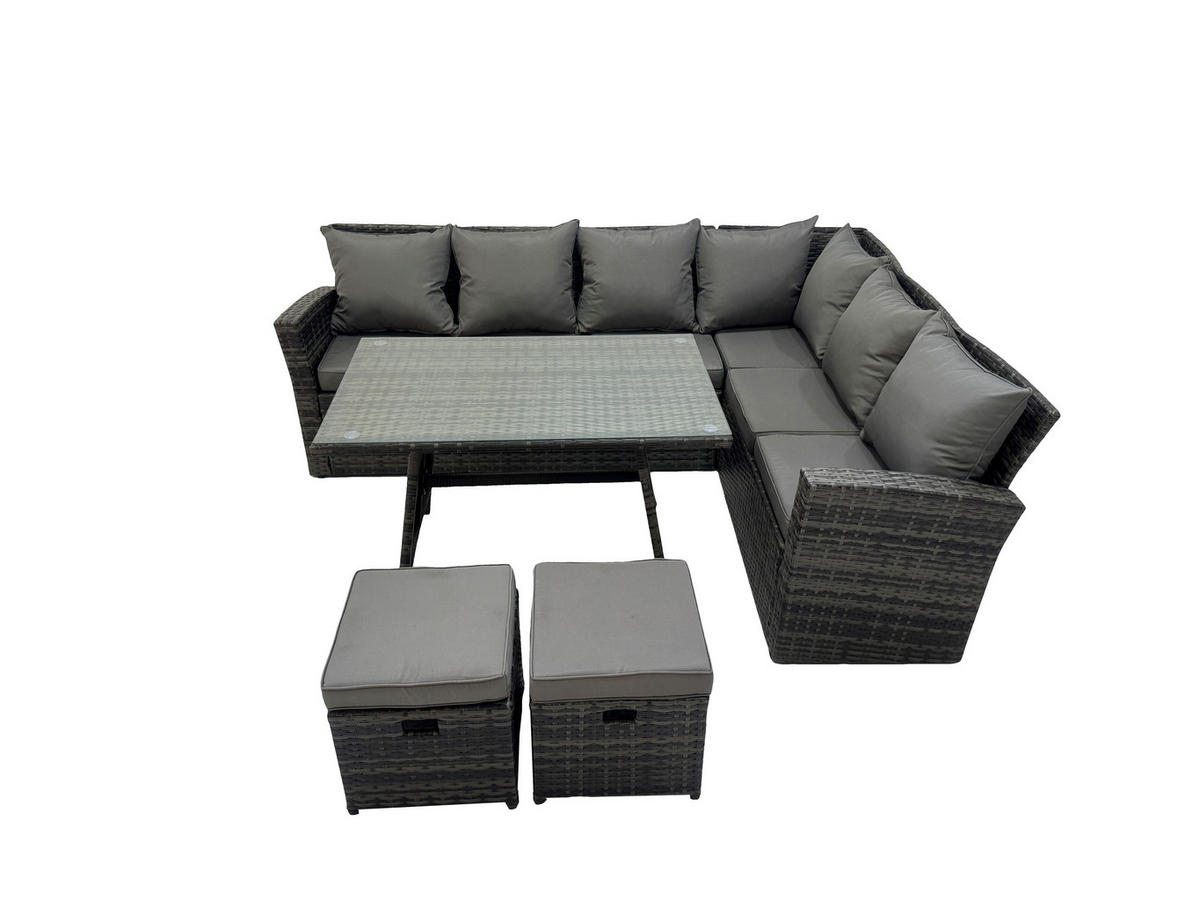 GARTENMÖBEL SET PE Polyrattan 8-Sitzer - Dunkelgrau/Grau, Glas/Kunststoff - Fimous