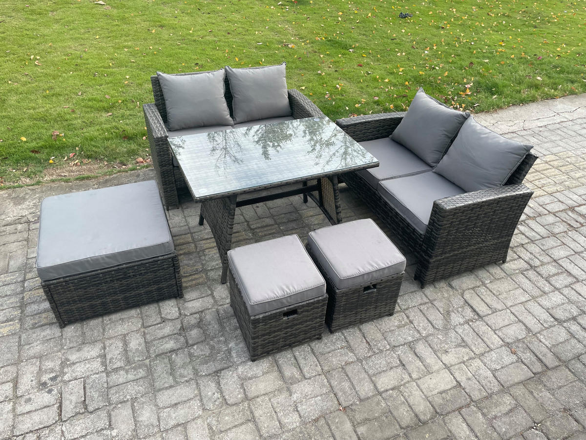 GARTENMÖBELSET mit ESSTISCH,HOCHLEHNER-SOFA Polyrattan Dunkelgrauer Mix 7-Sitzer - Dunkelgrau/Grau, Glas/Kunststoff - Fimous