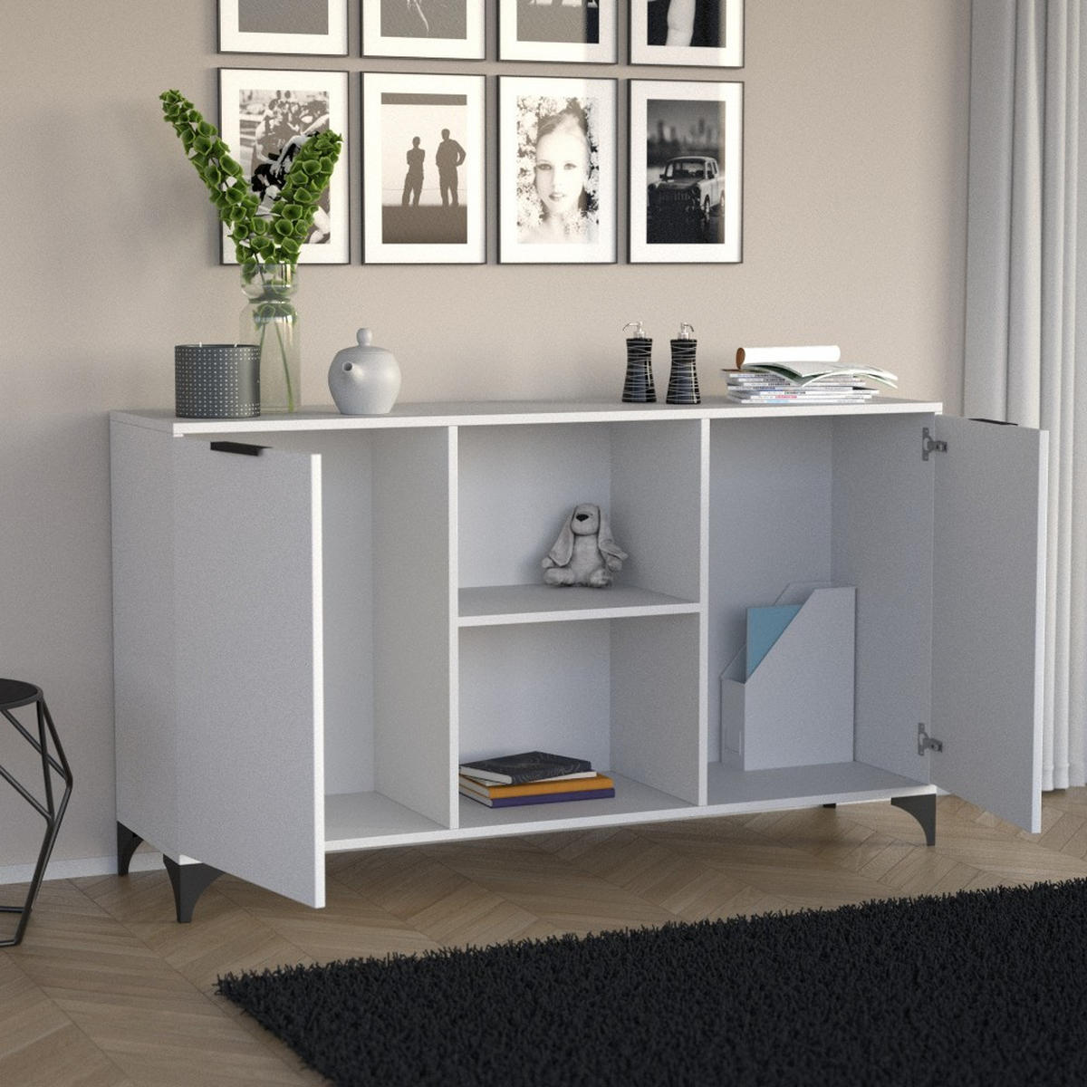 KOMMODE Home mit 2 Türen, ohne Griffe, Weiß - Schwarz/Weiß, Holzwerkstoff (150/85/40cm) - Beautysofa