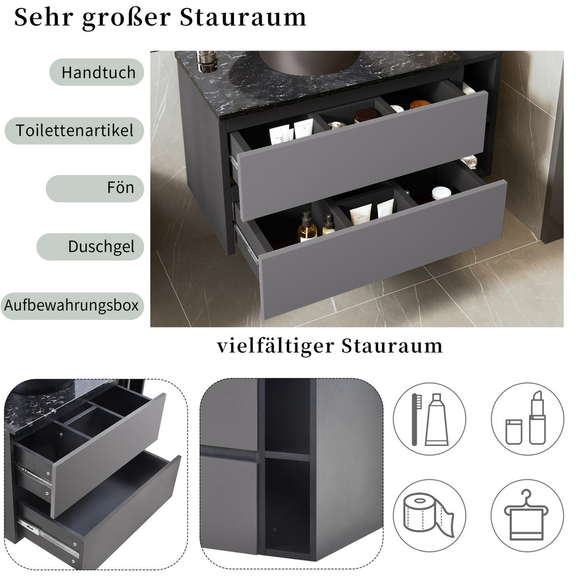 BADEZIMMERSCHRANK mit Marmorplatte 80x44x48.5 cm Schwarz mit rundem Becken & Schubladen - Schwarz, Holzwerkstoff (80/48.5/44cm) - Modfu