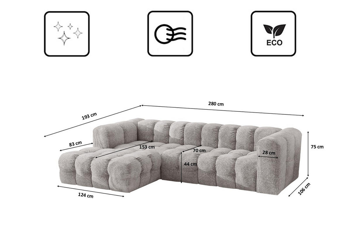 ECKSOFA L-form BALOO L, Chenille-Stoff Arena, Hellgrau, Links - Hellgrau, Holz (280/193cm) - Kaiser Möbel