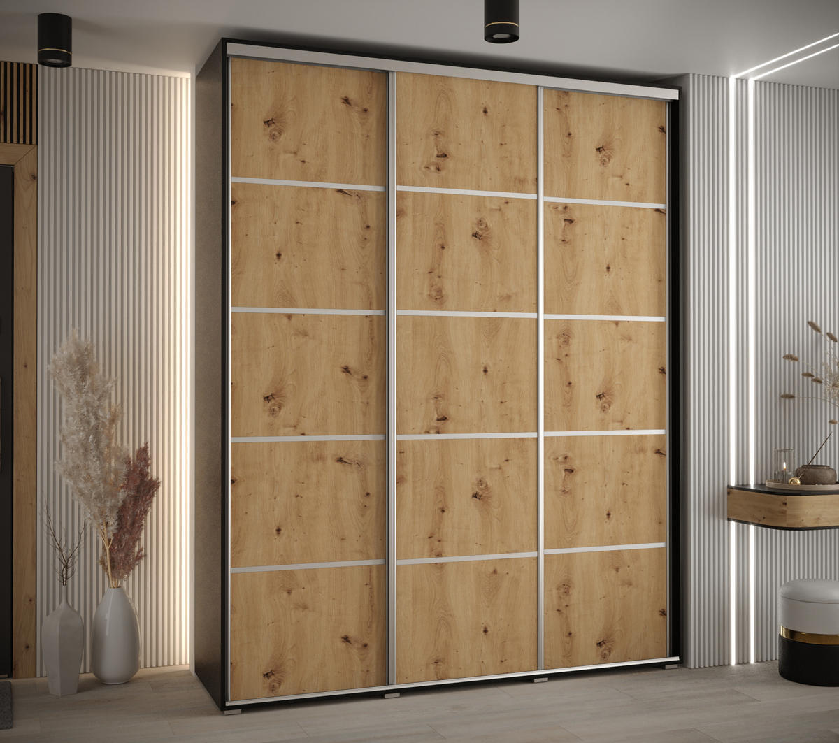 SCHWEBETÜRENSCHRANK 235,2/190/60 3-türig - Silberfarben/Schwarz, Holz/Metall (190/235/60cm) - Abiks Möbel