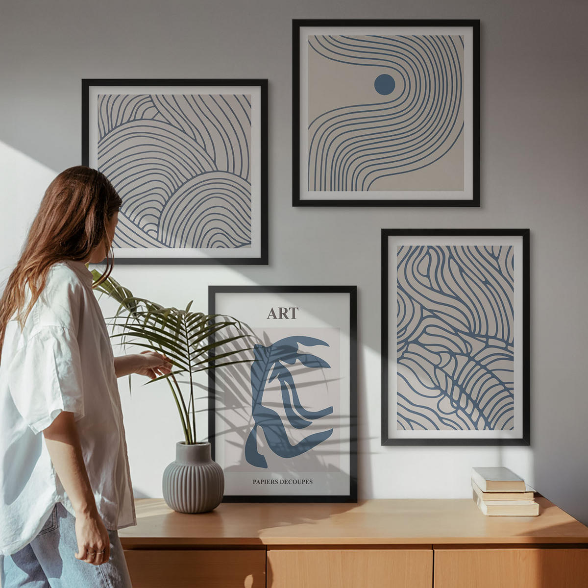 WANDBILDER 4er-Set - 50x50 cm & 40x60 cm Schwarzer Rahmen - Abstrakte blaue Linien - Schwarz, Kunststoff (50/50cm) - ArtPrintCave