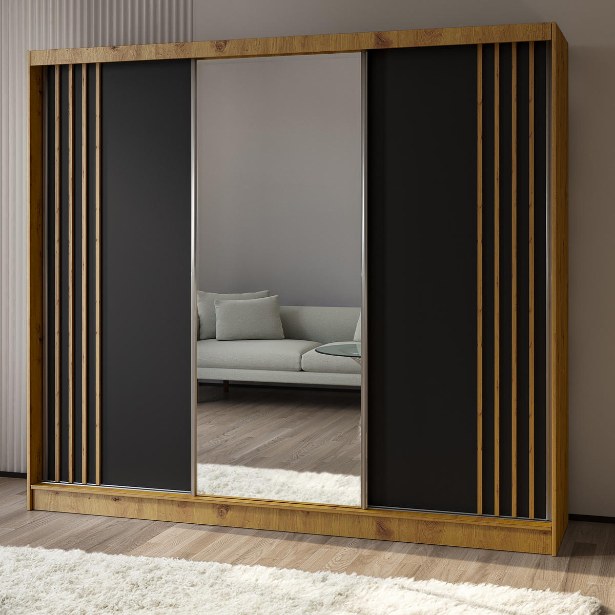 SCHWEBETÜRENSCHRANK NELVIA 240/216/61 cm 3-türig mit Spiegel Eiche Artisan - Schwarz/Eiche Artisan, Holzwerkstoff (240/216/61cm) - MASSENO