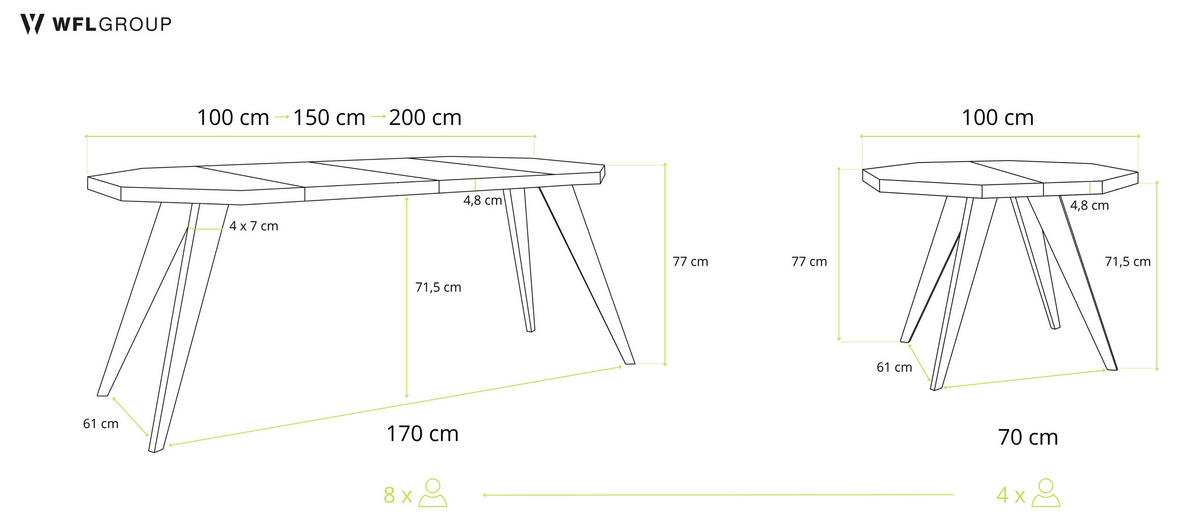 ESSTISCH Diamond Black achteckiger ausziehbarer, Lefkas Eiche 100-200/100/76 cm - Alteiche/Schwarz, Holz/Holzwerkstoff (100/100/77cm) - WFL GROUP