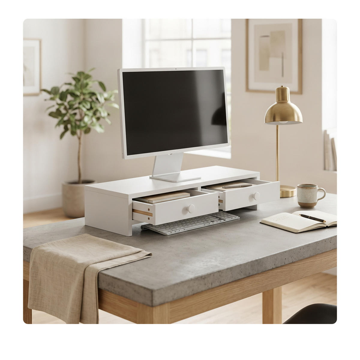 MONITORSTÄNDER Weiß MDF 2 Schubladen 47x18x12,5 cm - Weiß, Holzwerkstoff (18/47/12.5cm) - Relaxdays