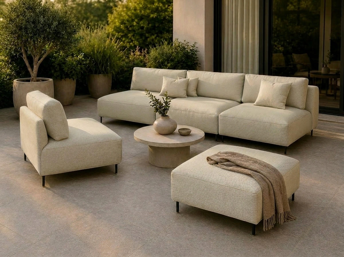 GARTEN Lounge Set SUN – Outdoor Möbel Set mit Sofa, Sessel und Hocker, UV-beständig und wasserabweisend - Beige, Textil - A&J MöbelLand