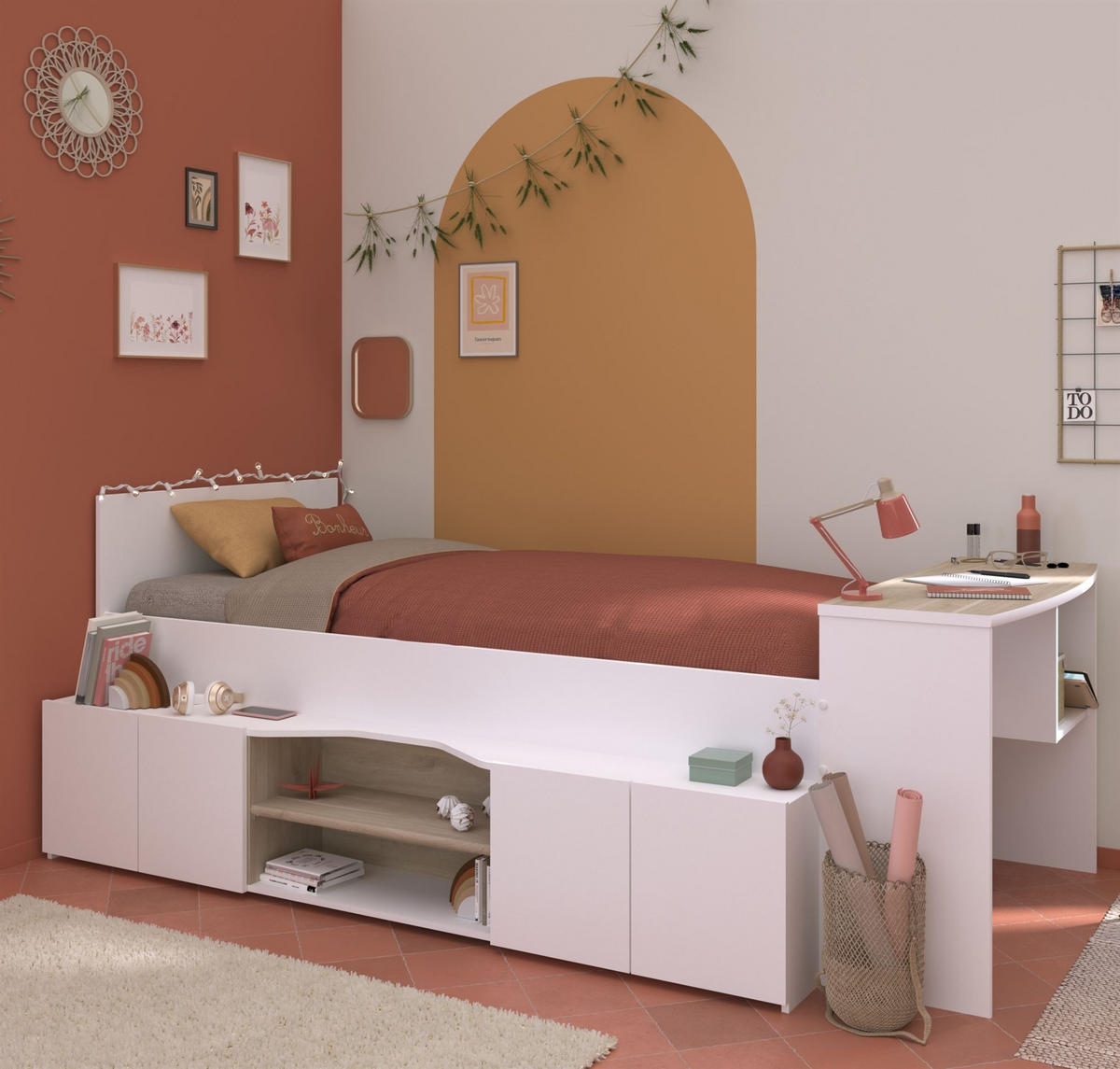 HOCHBETT Parisot Cleo 90x200 mit Schreibtisch Holznachbildung Weiß - Weiß, Kunststoff (90/200cm) - 58aufmkessel