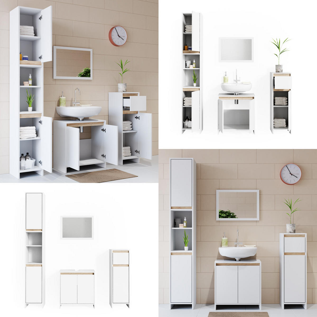 BADMÖBEL-SET Emma Weiß/Sonoma 4 Teile - Weiß/Sonoma Eiche, Holzwerkstoff (58/60/33cm) - Vicco