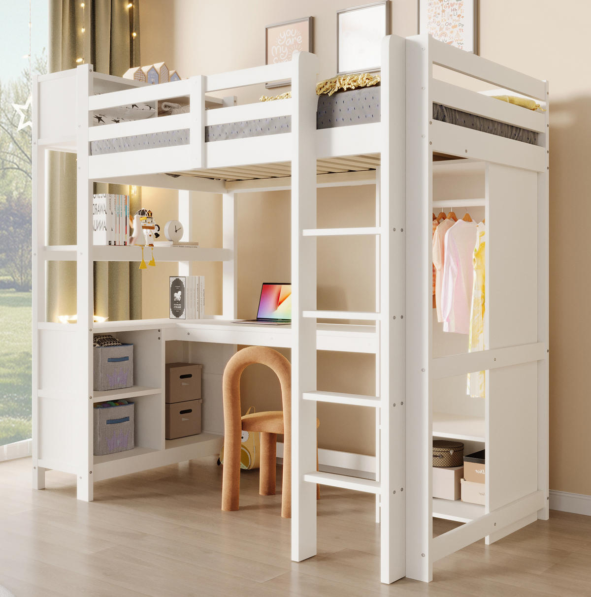 HOCHBETT 90/200 cm Weiß mit Schreibtisch, Regalen und Kleiderschrank - Weiß, Holz (90/200cm) - MIVRAY