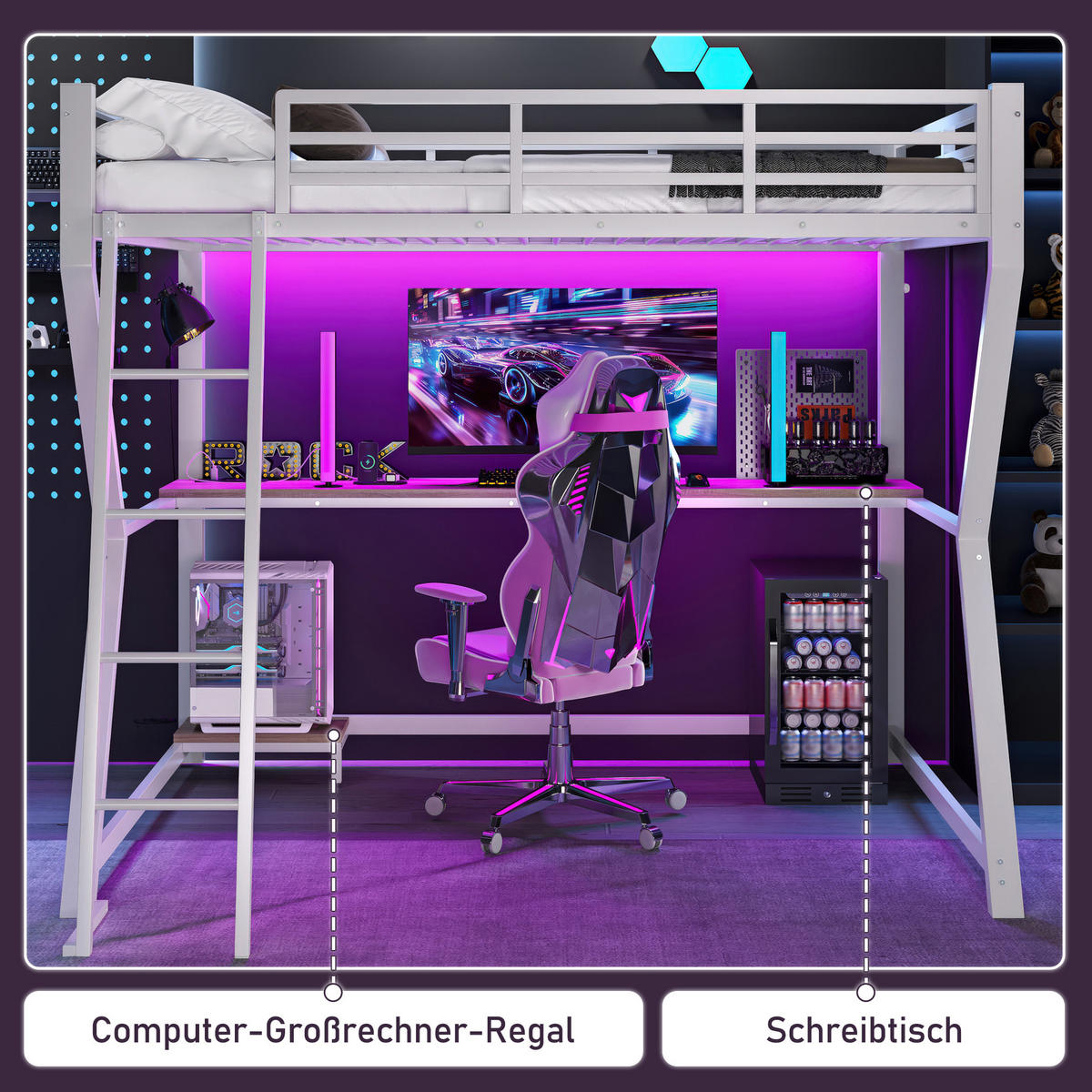 HOCHBETT 90x200cm Weiß LED-Licht Computerablage Schreibtisch USB - Weiß, Metall (90/200cm) - FLIEKS