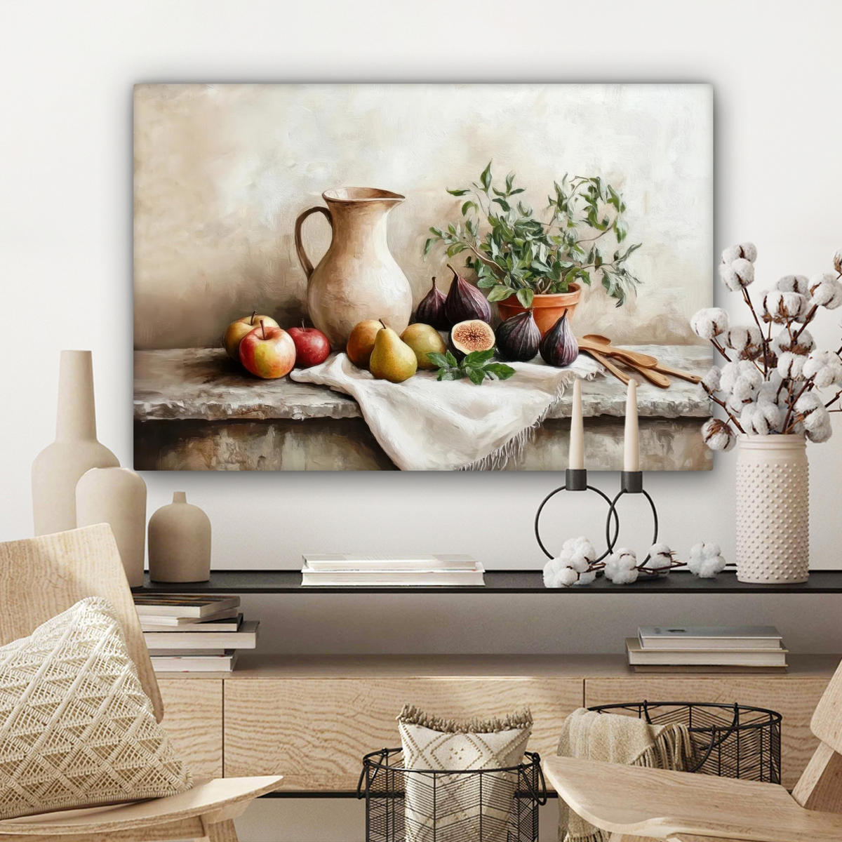 LEINWANDBILD Obst - Kräuter - Ländlich Gemälde 60x40 cm - Naturfarben, Textil (60/40cm) - MuchoWow