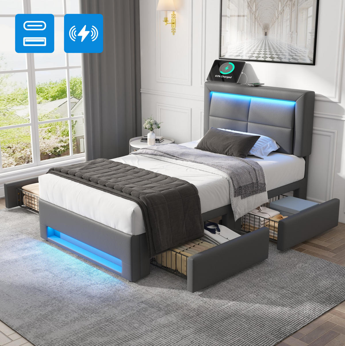 POLSTERBETT mit USB, LED und 4 Schubladen 90x190 cm PU Grau - Grau, Metall (90/190cm) - Meubliv