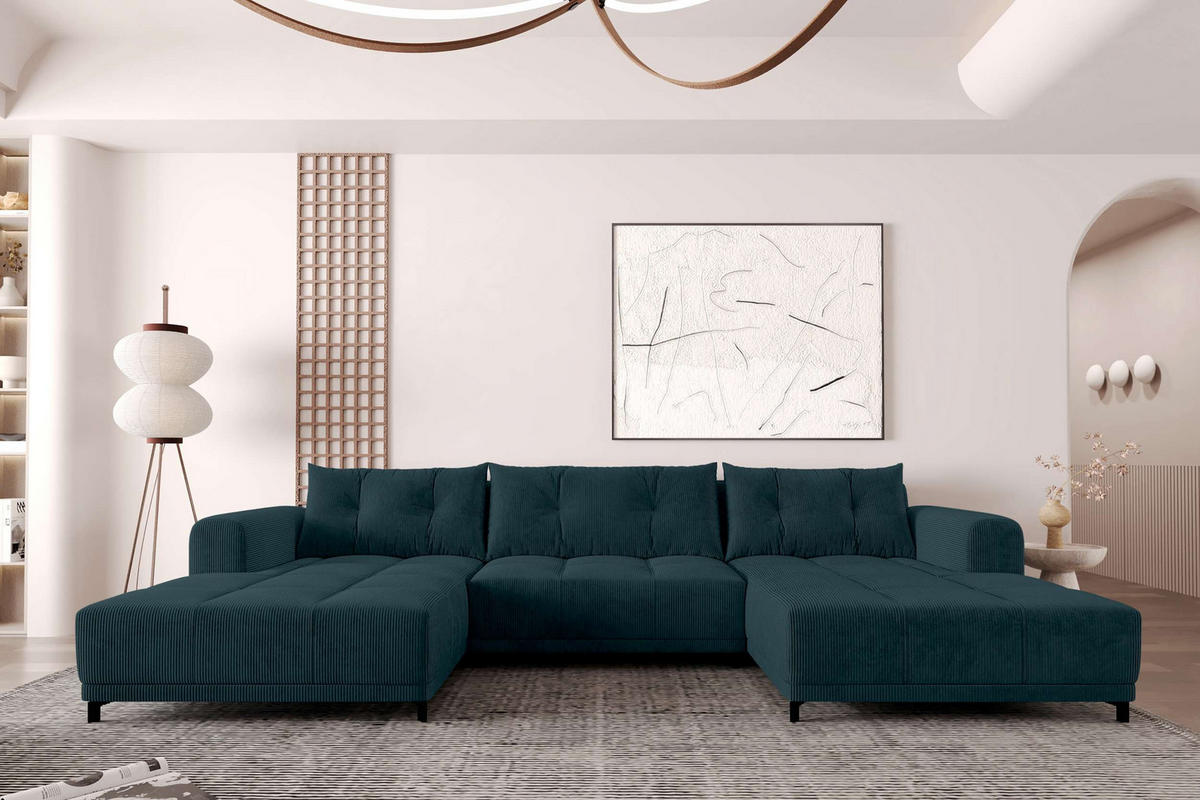 WOHNLANDSCHAFT Massimo Cordstoff Blau inkl. Schlaffunktion - Blau/Schwarz, Textil/Metall (356/94/181cm) - 99rooms