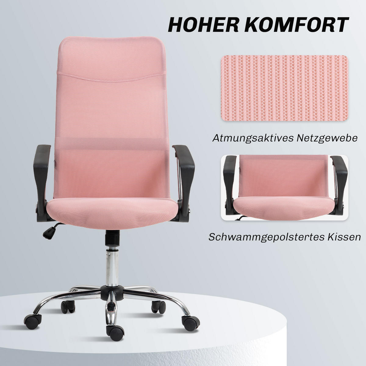 BÜROSTUHL Netz Stahl Rosa - Chromfarben/Schwarz, Kunststoff/Textil (65/119/63cm) - HOMCOM