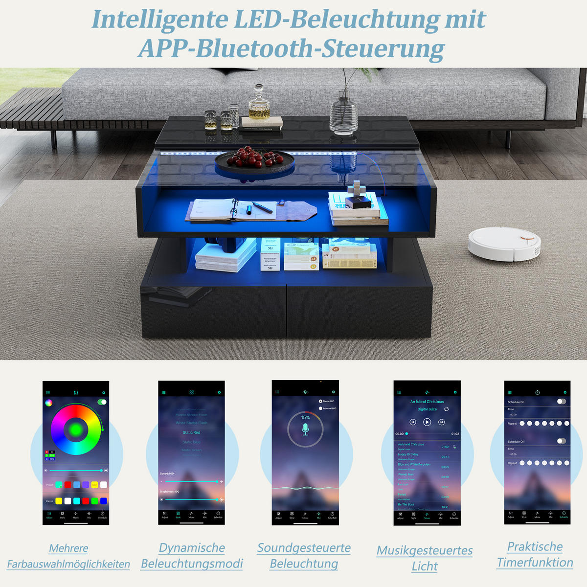 COUCHTISCH LED Schwarz höhenverstellbar 2 Schubladen 80x80x45cm - Schwarz, Holzwerkstoff (80/80/45cm) - FLIEKS