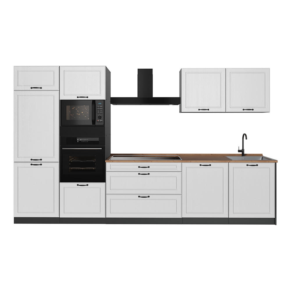 KÜCHENZEILE R-Line, Weiß Landhaus/Anthrazit, 340 cm Arbeitsplatte Goldkraft Eiche - Anthrazit/Weiß, Holzwerkstoff (340/206.8/60cm) - Vicco