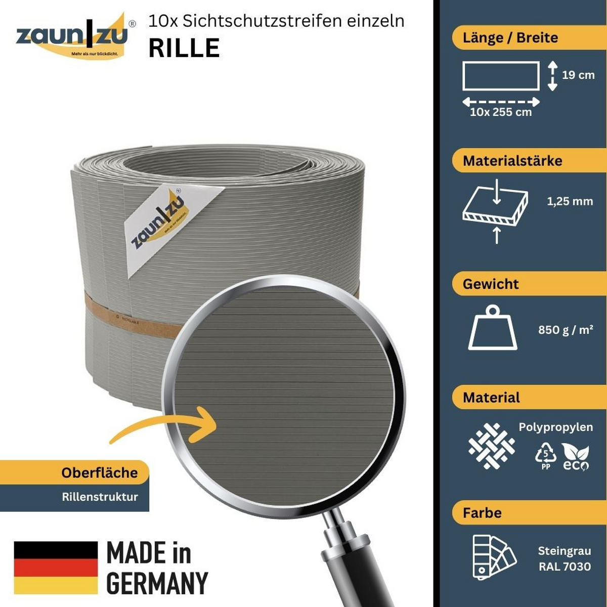 SICHTSCHUTZSTREIFEN Rille 10x Einzelstreifen 2,55m Sichtschutz Steingrau, 10 x 2,55m - Graubraun, Kunststoff (2550/19cm) - ZAUN|ZU