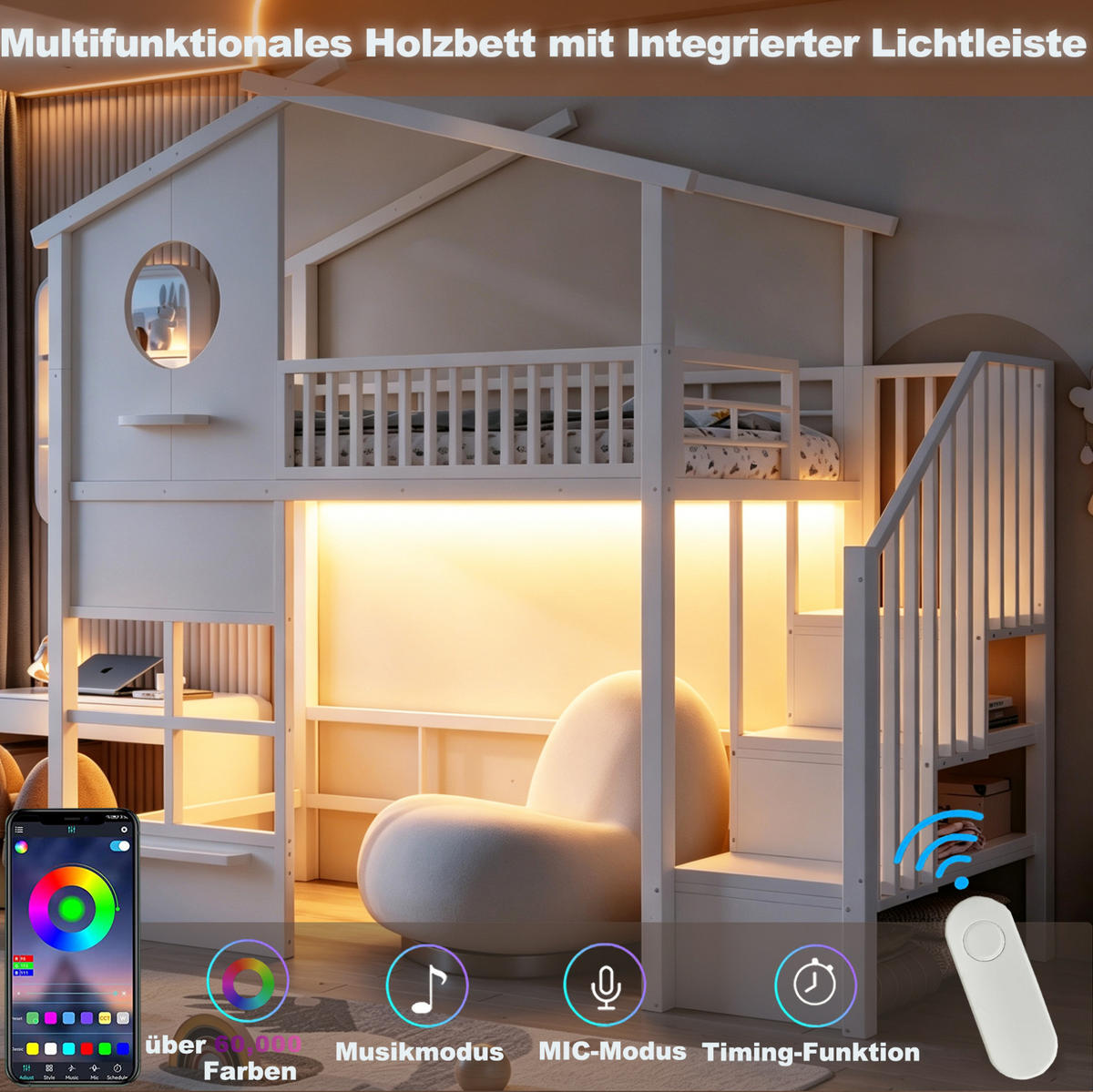HOCHBETT aus Metall 90x200 cm Weiß mit Stauraumtreppe, LED-Beleuchtung und hohem Geländer - Weiß, Metall (90/200cm) - Modfu