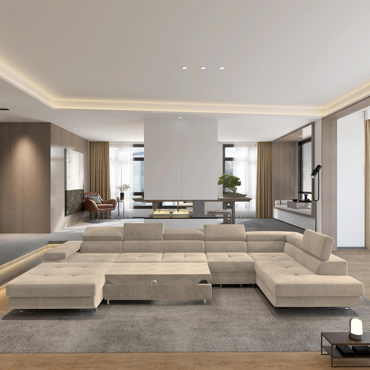 WOHNLANDSCHAFT VELORA R-S Creme Velours-Stoff mit Schlaffunktion - Creme, Holz (419/90/202cm) - MASSENO