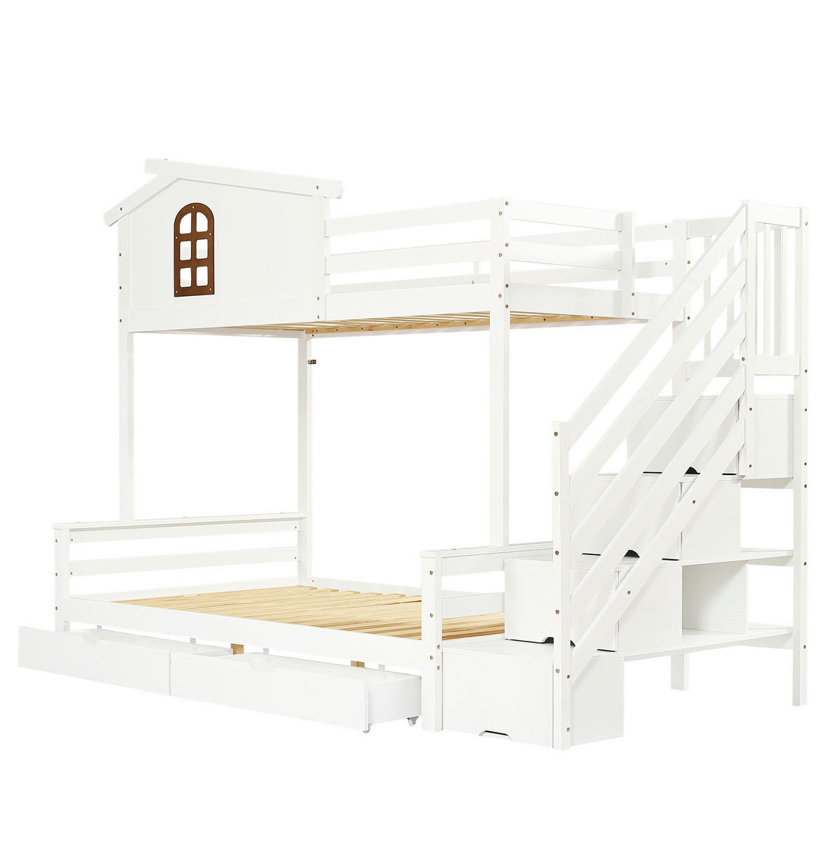 ETAGENBETT 90/200 cm & 120/200 cm mit 2 Schubladen, Eck-Leiterschrank und Fenstern, Weiß/Natur - Weiß, Holzwerkstoff (90/200cm) - Redom