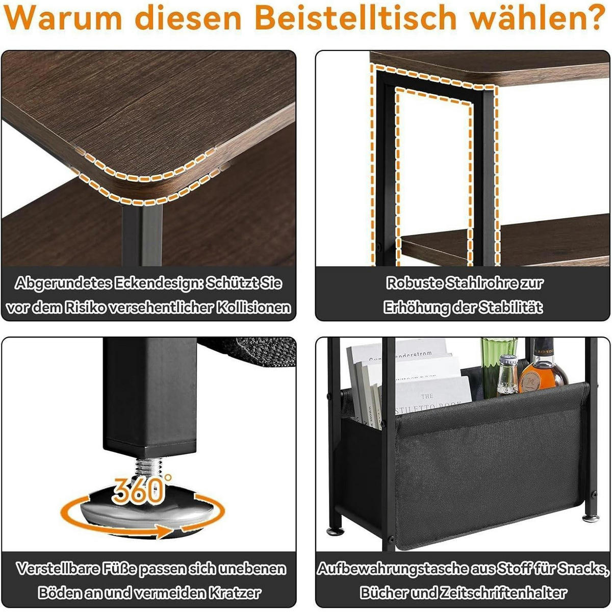 BEISTELLTISCH mit Stoffkorb Dunkelgrau 40 x 20 x 65 cm - Anthrazit, Metall (40/20/66cm)