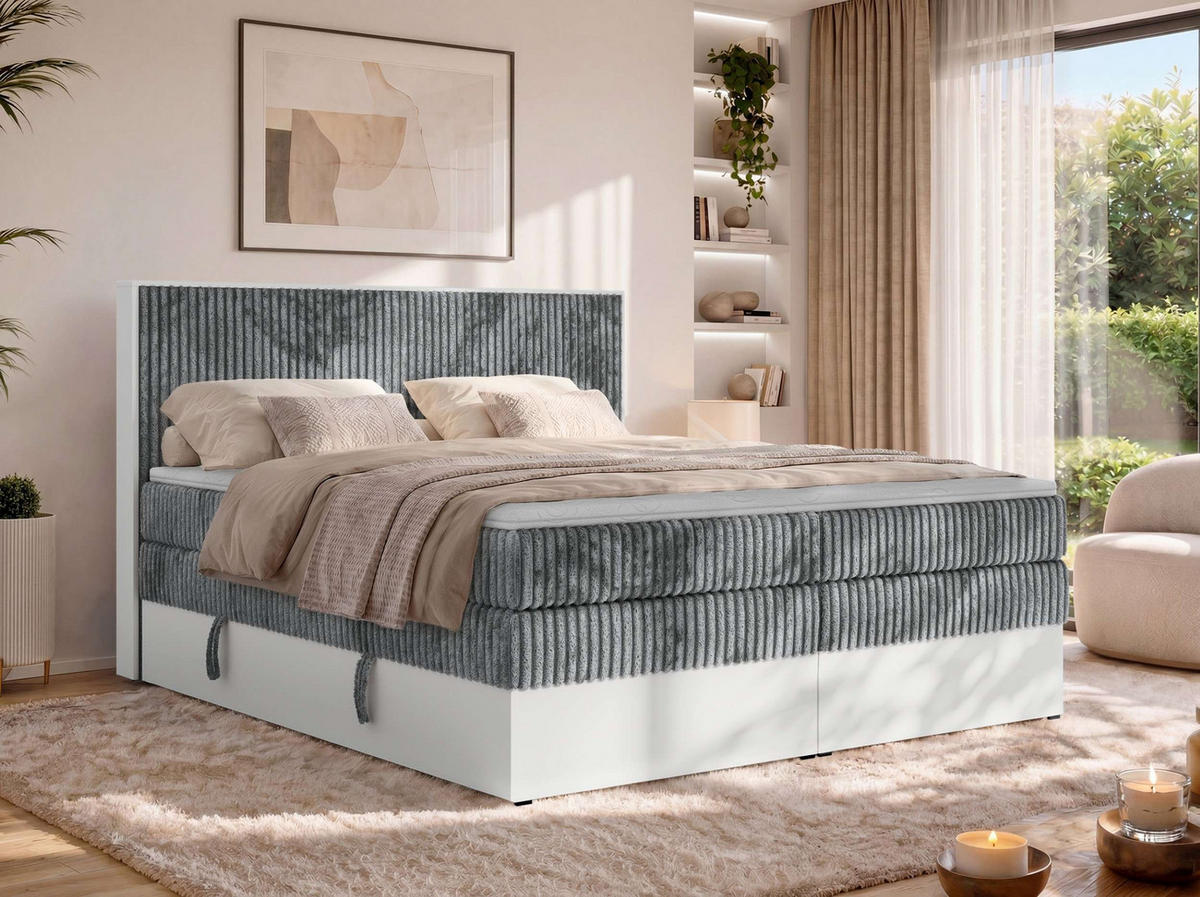 BOXSPRINGBETT TRAVIT KING 200/200 - Grau Cord - Topper Visco - H3 - Schwarz/Grau, Kunststoff/Textil (200/200cm) - MKS
