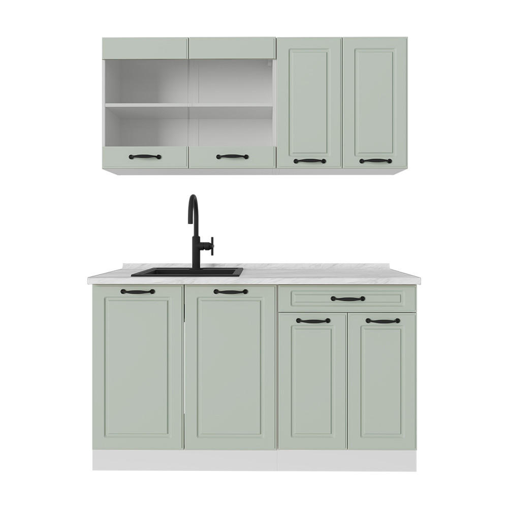 SINGLEKÜCHE R-Line, Mint Landhaus/Weiß, 140 cm Arbeitsplatte Marmor - Weiß/Grün, Holzwerkstoff (140/81.6/60cm) - Vicco