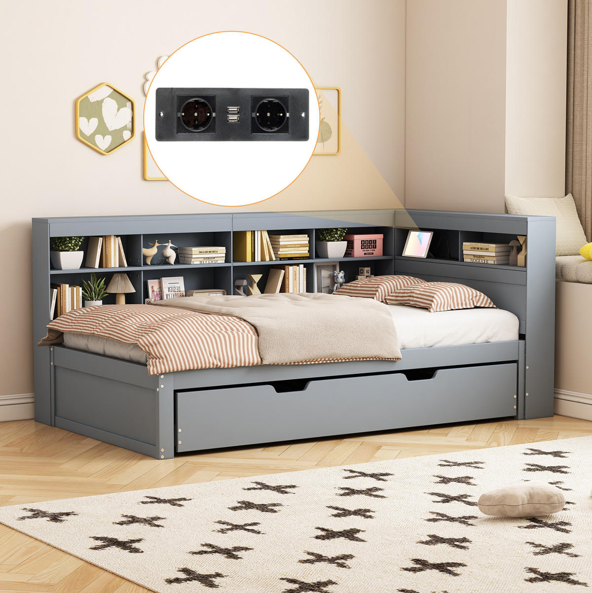AUSZIEHBETT 90/200 cm mit Gästebett 90/190 cm, Grau, mit USB-Anschluss und Stauraum - Grau, Holz (90/200cm) - Flora Grace
