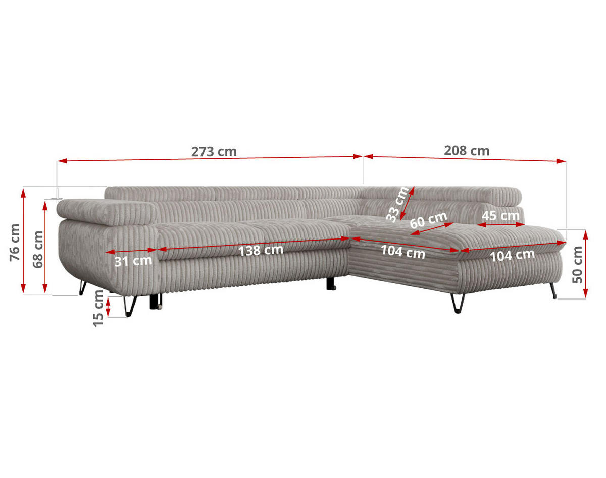 ECKSOFA PETER L Hellgrau Cord - Rechts Seite - Hellgrau/Schwarz, Textil/Metall (273/208cm) - MKS