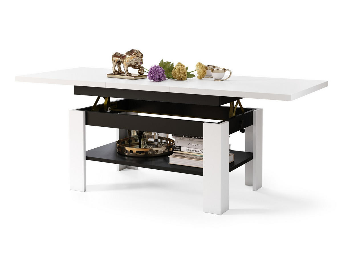 COUCHTISCH rechteckig Weiß - Schwarz ausziehbar höhenverstellbar - Schwarz/Weiß, Holzwerkstoff (65/130/58cm) - designimpex
