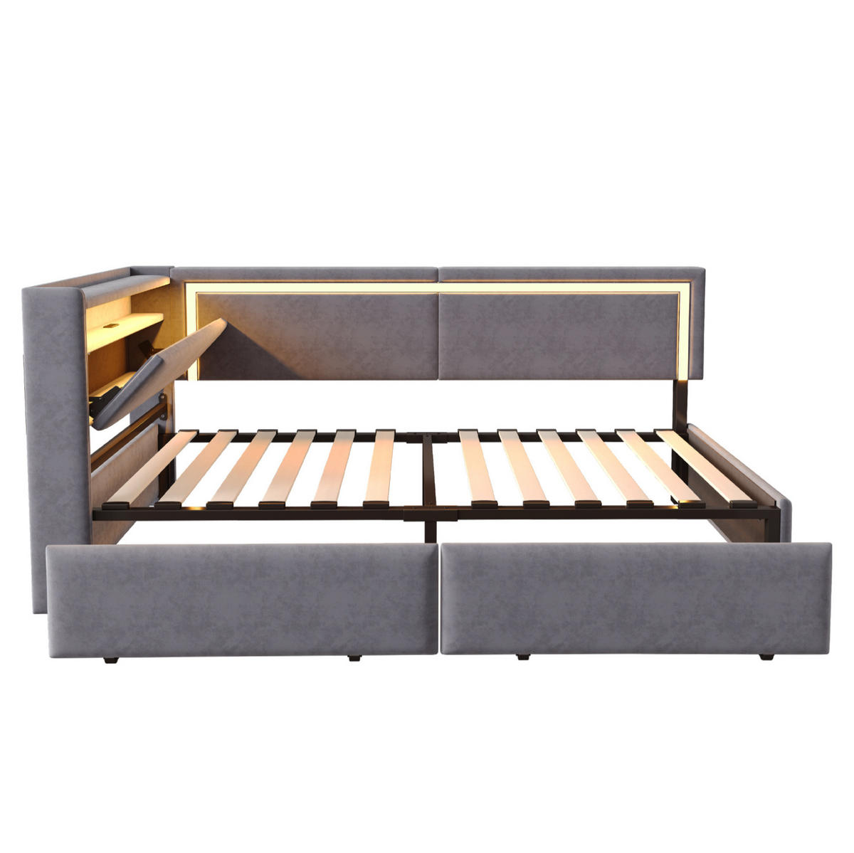POLSTERBETT mit LED-Beleuchtung 90/200 cm mit USB und Stauraum in Dunkelgrau - Dunkelgrau, Textil (90/200cm) - BEAOK