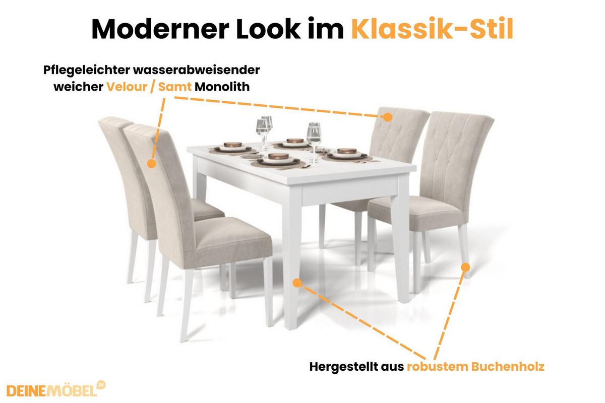 TISCHGRUPPE DAKOTA 140/80 cm in Weiß mit 6 Stühlen in Beige - Beige/Weiß, Holz/Holzwerkstoff (80/77/140cm) - Deine Möbel 24