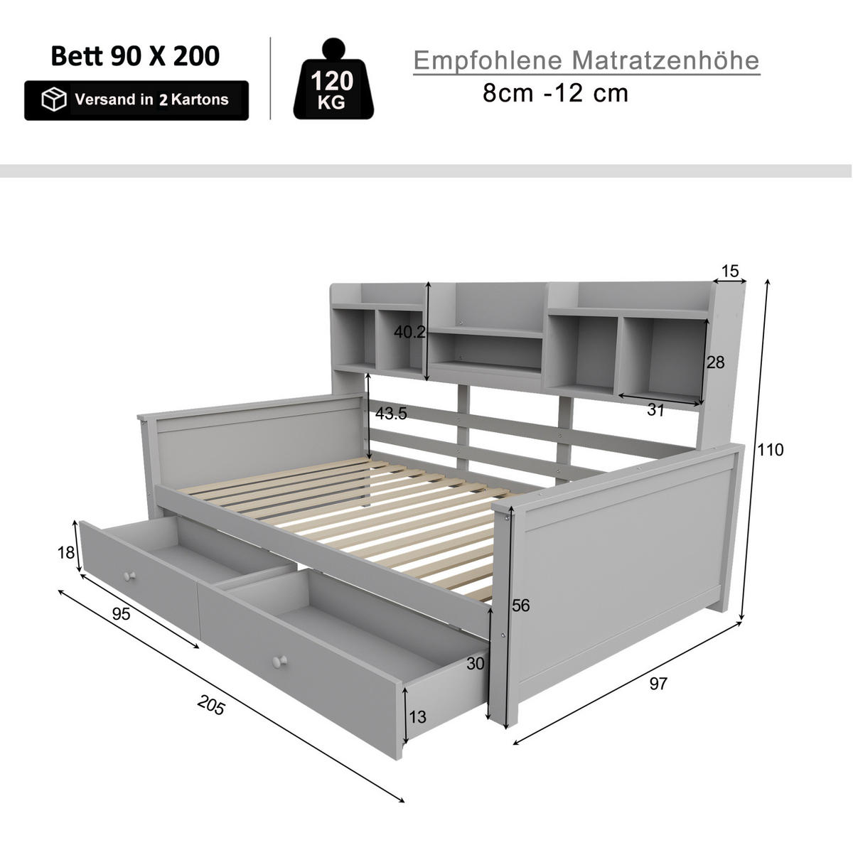 DETSKÁ posteľ 90/200 cm sivo-biela z masívneho dreva s úložnými zásuvkami a policami - sivá, kompozitné drevo (90/200cm) - OKWISH