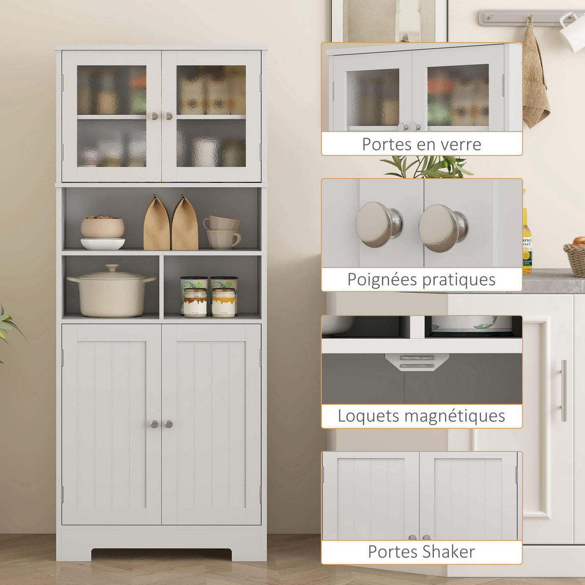HIGHBOARD DE-11281 4 Glastüren & Nischen mit verstellbaren Böden Weiß - Weiß, Holzwerkstoff (30/145.5/60cm) - ComfortXL