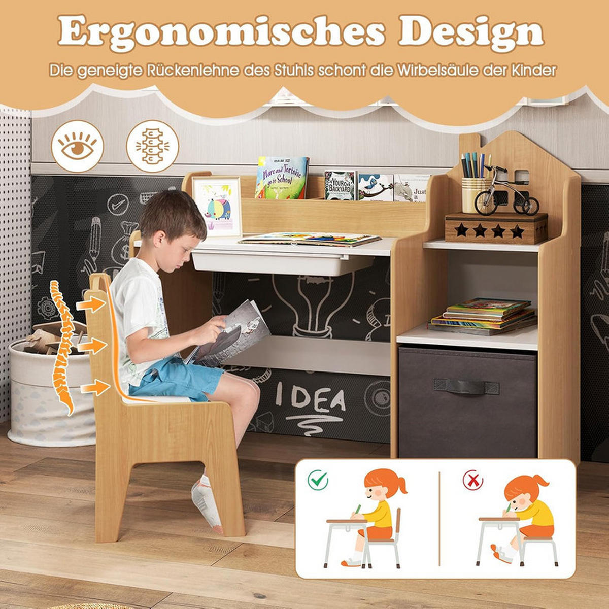 KINDERSCHREIBTISCHE mit Stühlen natur(2-tlg) - Naturfarben, Holzwerkstoff (94/76.5/50cm) - COSTWAY