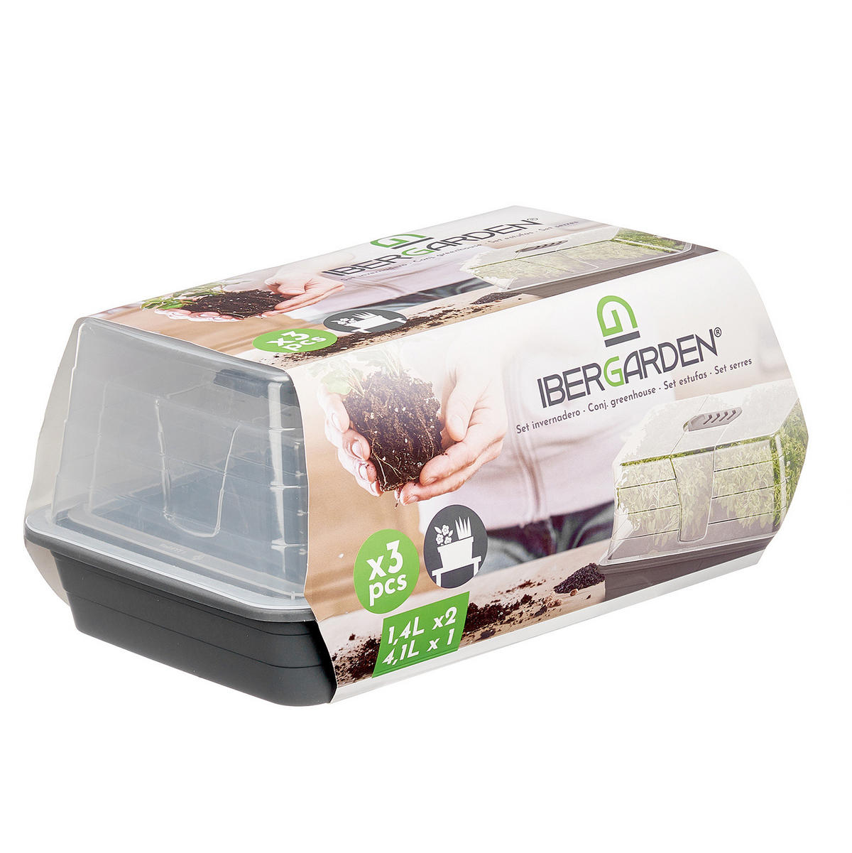 MINIGEWÄCHSHAUS Kunststoff 3er-Set 2/1,4 l + 1/3,1 l - Grau, Kunststoff (38.4/18/24cm) - Ibergarden