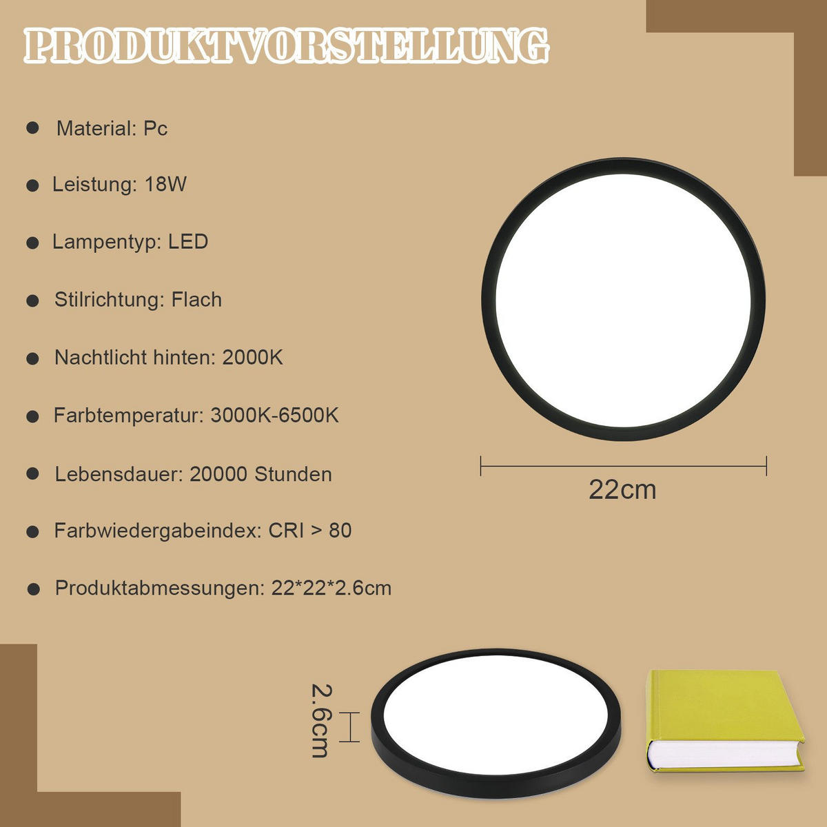 LED-DECKENLEUCHTE Maki 22/22/2.6 cm - Schwarz, Kunststoff (22/22/2.6cm) - Nettlife