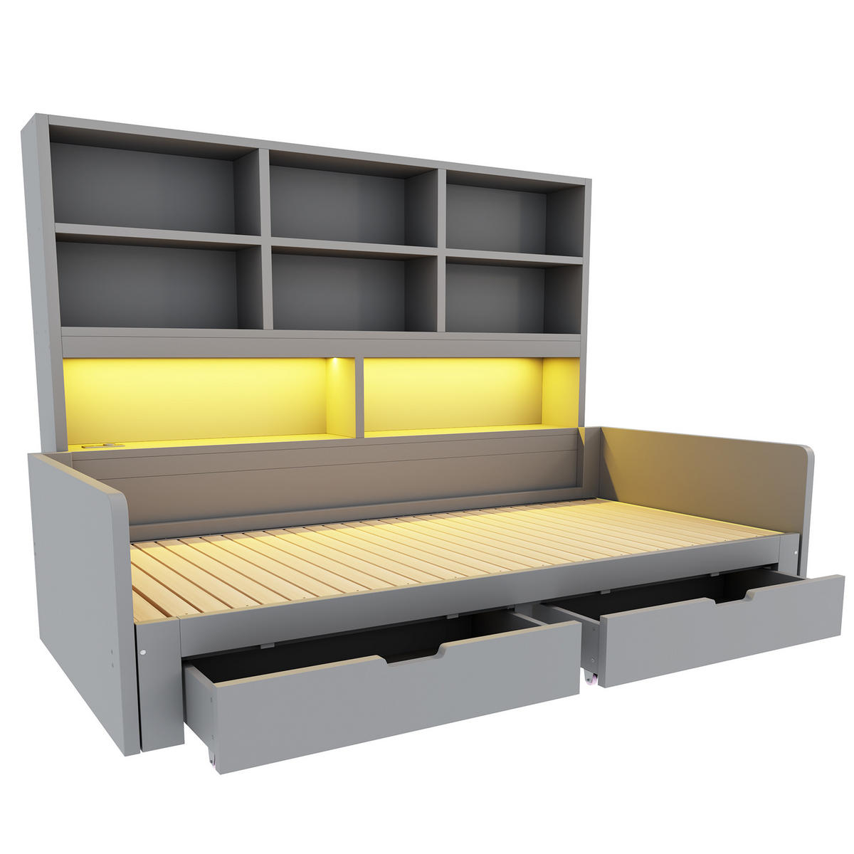 AUSZIEHBETT 90/180/200 cm mit Stauraum und LED, DE-41639, in Grau - Grau, Holzwerkstoff (90/200cm) - ComfortXL